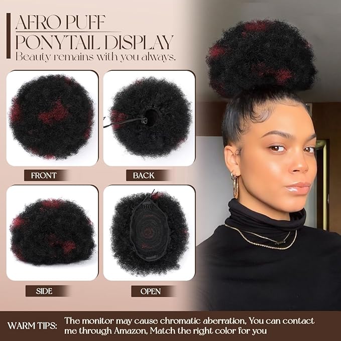 Afro Puff Drawstring Ponytail Extension #H1-99J Black mix Wine Red 4c Human Hair Durable Natural Soft and Smooth Hair Extensions Clip On Ponytail Bun