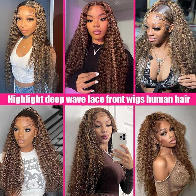 Highlight Deep Wave Lace Front Wigs Human Hair P4/27 Ombre 13x6 Wet and Wavy Frontal Wigs for Women Glueless Honey Blonde Curly Wigs Pre Plucked with Baby Hair Honey Blonde Wig 24 Inch