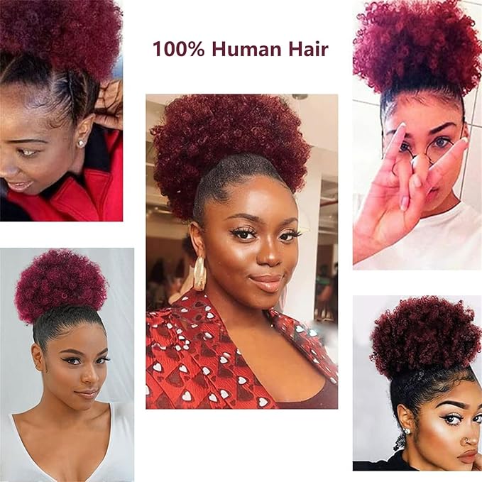 Afro Puff Ponytail Drawstring, 99J Burgundy Short Wigs 6 Inch Remy Human Hair Afro Puff Ponytail Wigs Kinkys Curly Hair Clip Extensions Hairpieces 12A Brazilian Virgin Human Hair for Women Girls Kids