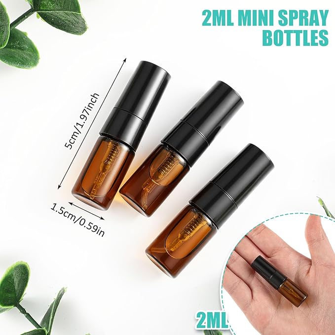 Zhehao 25 Pcs Mini Spray Bottles 2 ml Clear Glass Perfume Bottles Refillable Fine Mist Perfume Atomizer Portable Empty Sample Containers for Cleaning, Essential Oils, Travel (Amber)