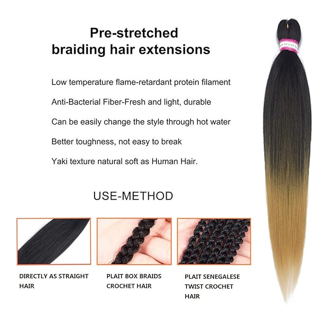Pre Stretched Braiding Hair Extension 8 Packs 28 Inch Long Professional Pre-stretched Hair for Braiding Twist Braids Itch Free Hot Water Setting Yaki Straight Synthetic Hair for Women (#1B/27)