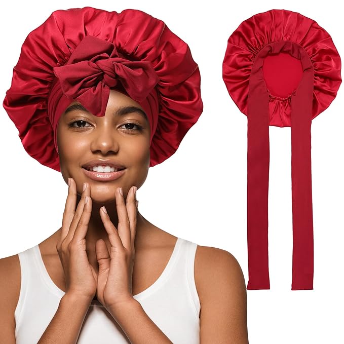 Satin Hair Bonnet Wide Band - Silk Like Sleeping Bonnets for Curly Hair Hair Wrap for Night Cap with Tie Band Breathable Satin Bonnet for Women and Girls (Red)