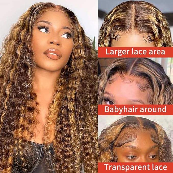 Highlight Ombre 13x6 Lace Front Wig Human Hair Deep Wave Honey Blonde Glueless HD Transparent Lace Frontal Wigs for Women 180 Density Human Hair (highlight ombre deep wave, 24 inch)