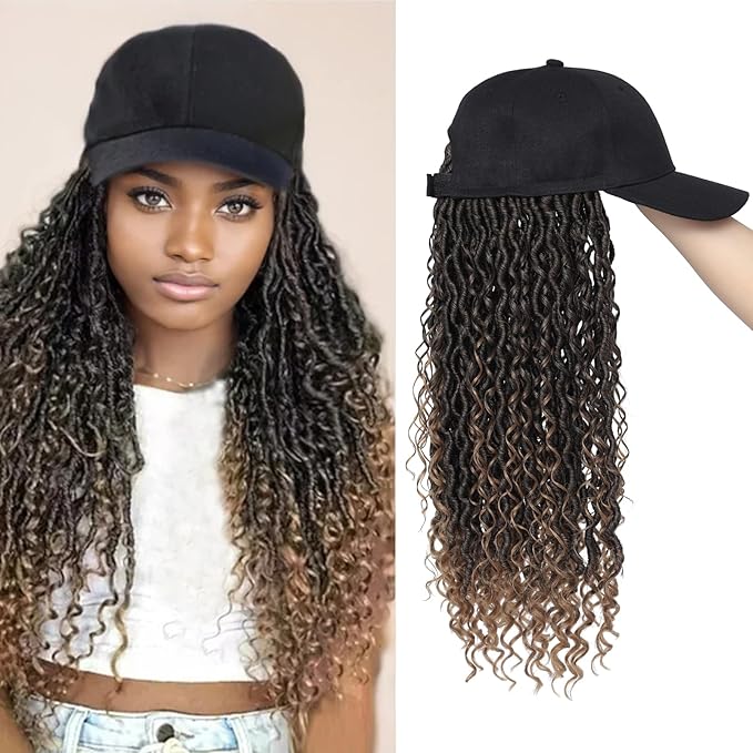 Braided Baseball Cap Wig Faux Locs Hair Extensions with Hat Ombre Light Brown Cap Wig with 18inch Long Synthetic Braiding Hair Attached for Women (18inch T/brown)