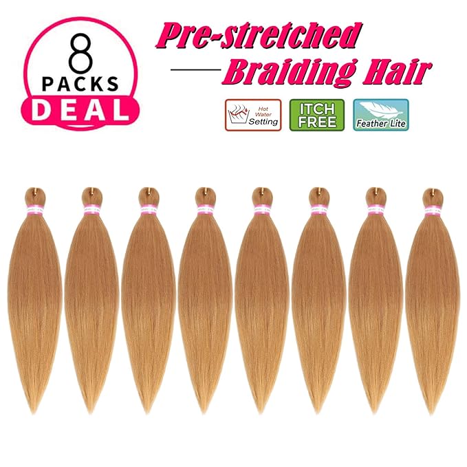 Dorsanee Honey Blonde Braiding Hair Pre Stretched 20 Inch 8 Packs Braiding Hair Extensions for Crochet Box Braids Twists Locs Hair Itch Free Soft Yaki Texture Hot Water Setting (20inch,#27)