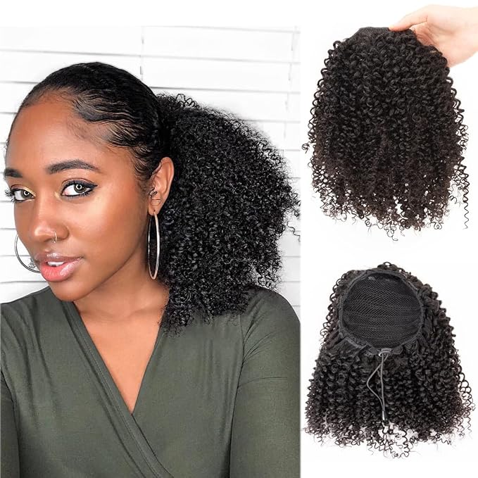 Afro Puff Kinky Curly Drawstring Ponytail Buns Natural Human Hair Pieces for Black Women,Girls,Kids 10 Inch #1B Natural Black