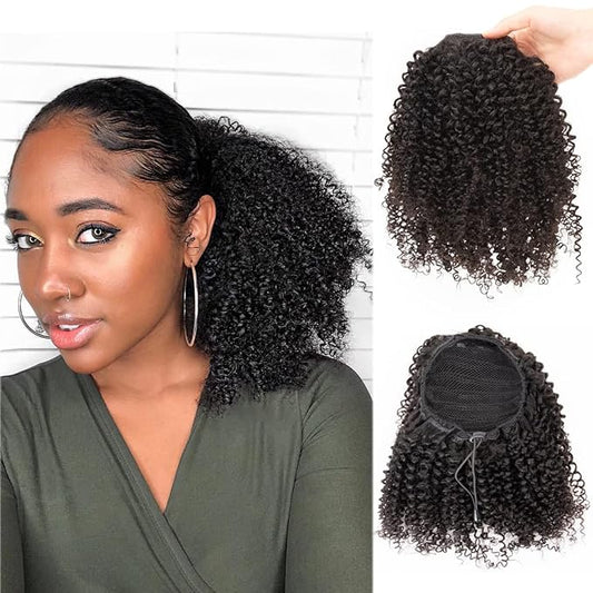 Curly Ponytail Extension Human Hair for Black Women Girls Invisible Kinky Curly Ponytails Afro Puff Drawstring Ponytail Afro Puffs 14 Inch #1B Natural Black