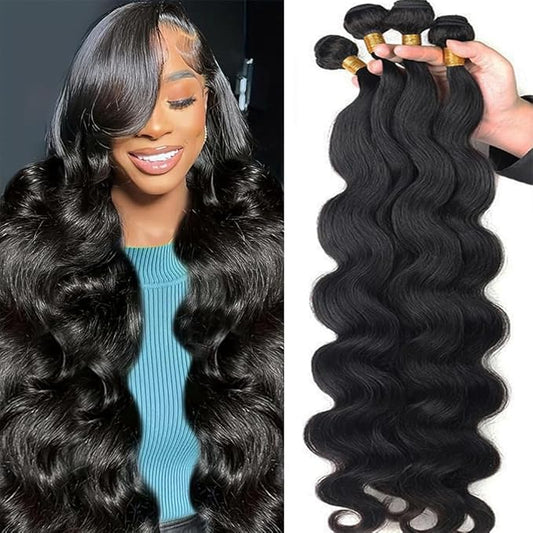 12A Human Hair Bundles Body Wave 100% Unprocessed Brazilian Virgin Hair 4 Bundles Human Hair Extensions Quick Weave Human Hair (4 Bundlles Natural black, 26 28 30 32 Inch)