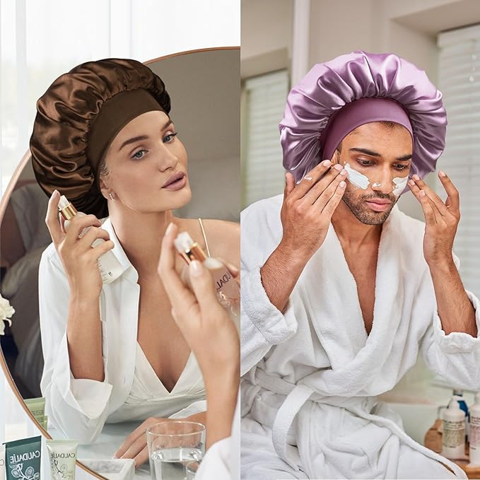 Satin Silk Bonnet for Sleeping, Double Layer Silk Sleep Cap for Men & Women, Soft Satin Lined Bonnet for Curly Hair
