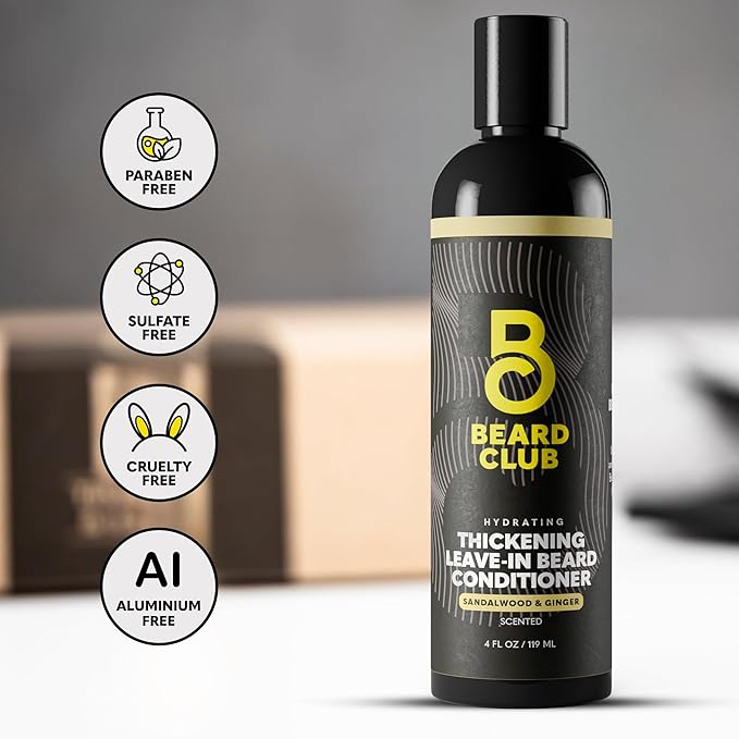 The Beard Club Thickening Leave-In Beard Conditioner for Men – Sandalwood & Ginger Cream – Hydrating Moisturizer, Softener & Lotion – Nourishes, Strengthens & Provides Itch Relief – 4oz