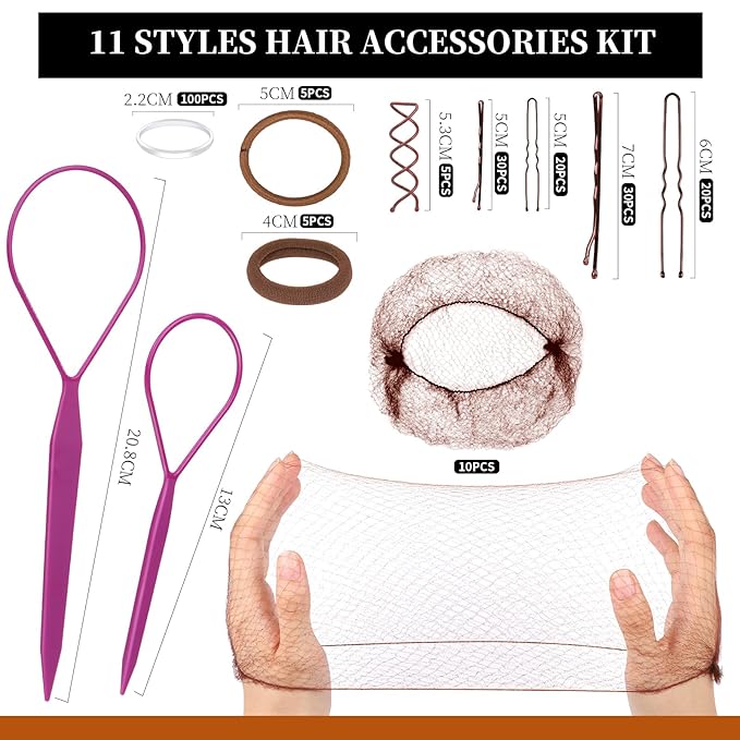 Teenitor Bobby Pins Hair Pins Hair Net Kit, 227 Bobby Pins for Women U Shaped Hair Pins, Hair Nets for Buns Spiral Pins, Hair Ties and 2 Hair Styling Tools for Women Girls Dance Ballet Brown