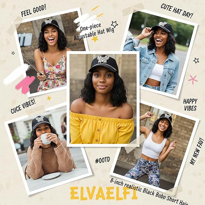 8-Inch Wavy Synthetic Hat Wig, Black Short Bob Wig for Women Ago, Baseball Cap with Hair Attached