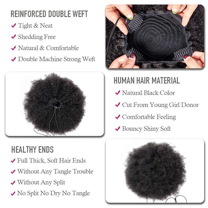 WENYU Afro Puff Drawstring Ponytail Human Hair Bun For Black Women 8A Brazilian Virgin Afro Kinky Curly Clip In Ponytail Extension Human Hair Pieces Natural Color (6 Inch, Drawstring Ponytail)