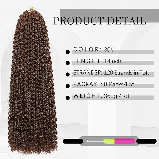 Passion Twist Hair 14 Inch 8 Packs Water Wave Crochet Hair Bohemian Braiding Hair for Boho Locs Pre Looped Crochet Braids Hair for Black Women （30#）