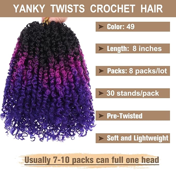 COOKOO 8 Inch 8 Packs Pre Looped Soft Yanky Twists Crochet Hair for Women Pre-twisted Passion Twists Crochet Braids with Curls Spring Twist Crochet Hair Extensions Twist Crochet Braiding Hair 49#