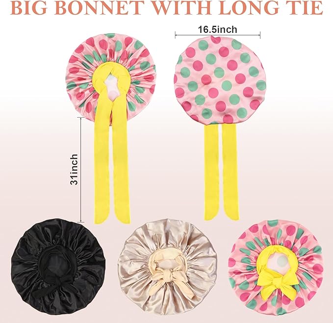 3Pcs Bonnets for Sleeping, Extra Satin Silk Bonnet for Sleeping Women with Tie Band for Curly Hair Jumbo Bonnet Braids