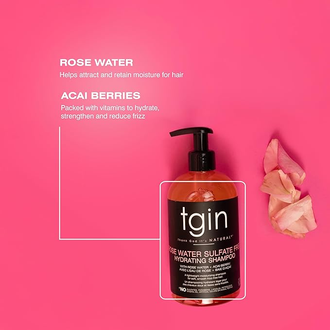 tgin Rose Water Sulfate-Free Hydrating Shampoo – Clarifying Shampoo for Curly, Wavy & Coily Hair – Lightweight Tgin Hair Products for Soft, Shiny, No Frizz Strands – Natural Botanical Formula (13oz)