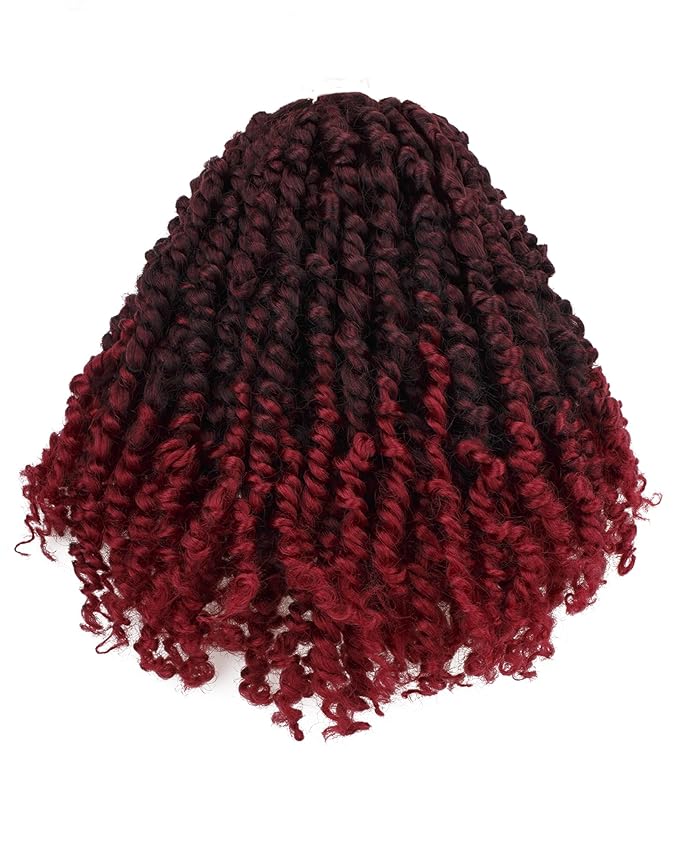 Pre-Twisted Passion Twist Crochet Hair for Black Women Passion Twist Hair Pre Looped Bohemian Braids 10 Inch 7 Packs Ombre Burgundy Short Bob Curly Braiding Hair Extensions(10"-7P,T1B/BUG)