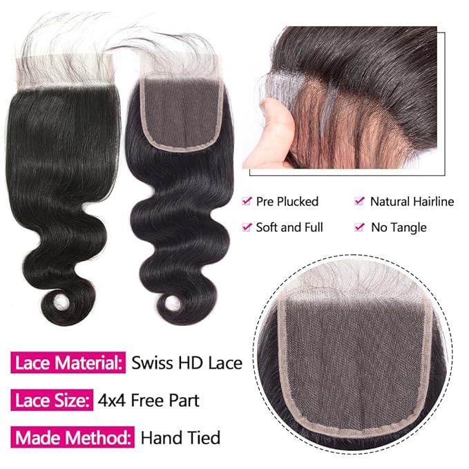 12A Human Hair Bundles with Closure 22 24 26 with 20 Inch Brazilian Body Wave 3 Bundles Human Hair with 4x4 HD Lace Closure 100% Unprocessed Virgin Human Hair Weave