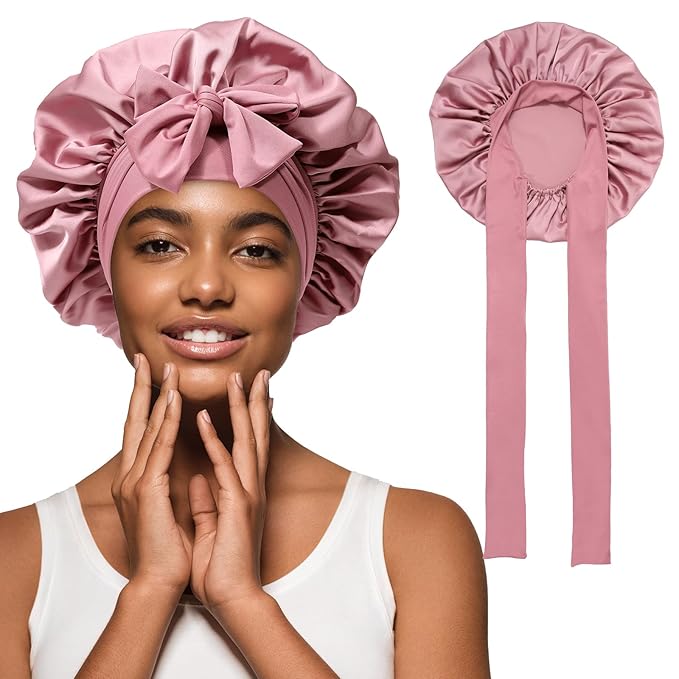 Satin Hair Bonnet Wide Band - Silk Like Sleeping Bonnets for Curly Hair Hair Wrap for Night Cap with Tie Band Breathable Satin Bonnet for Women and Girls (Dust Rose)