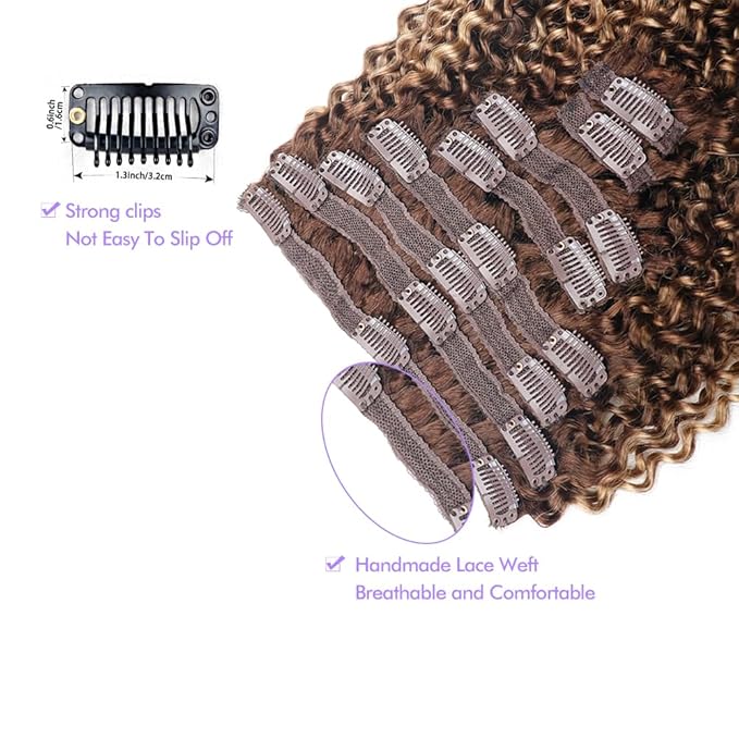Curly Clip In Hair Extensions Real Human Hair Clip Ins Balayage Chocolate Brown to Caramel Blonde Human Hair Extensions 8Pcs with18clips 120g/Set (18 inch，#4/27/4)