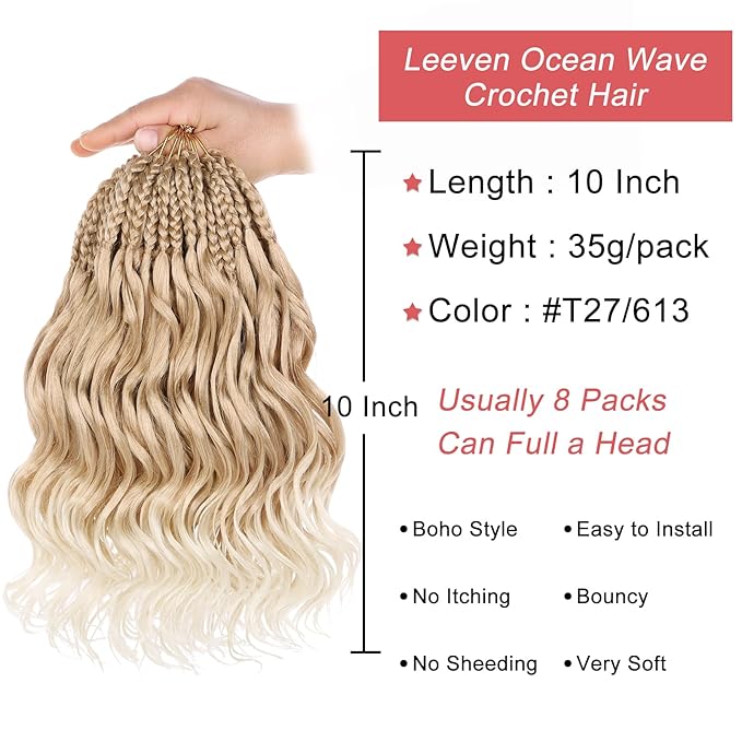 Leeven 10 Inch 8 Packs Ocean Wave Crochet Hair Pre Looped Ombre Blonde Boho Curly Crochet Hair Short Ocean Braids Pre Twisted Synthetic Deep Wavy Crochet Hair for Women #T27/613