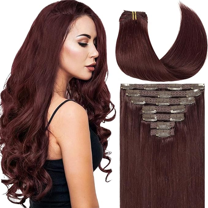 Caliee Clip in Hair Extensions Real Human Hair Burgundy Wine Red Color Double Weft Lace Invisible Silky Straight Hair Extensions Clip ins for Full Head 120G 14 Inch