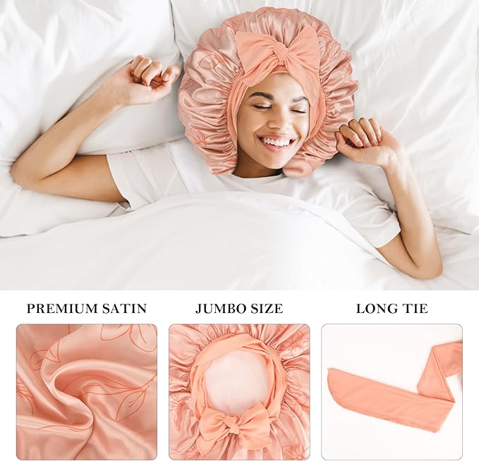 3Pcs Bonnets for Sleeping, Extra Satin Silk Bonnet for Sleeping Women with Tie Band for Curly Hair Jumbo Bonnet Braids