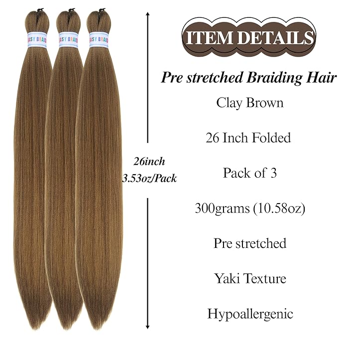 Brown Braiding Hair Pre stretched 26 Inch Clay Brown Hair Extensions for Braids Yaki Texture Knotless Braiding Hair（Packs of 3,26",10 OZ）
