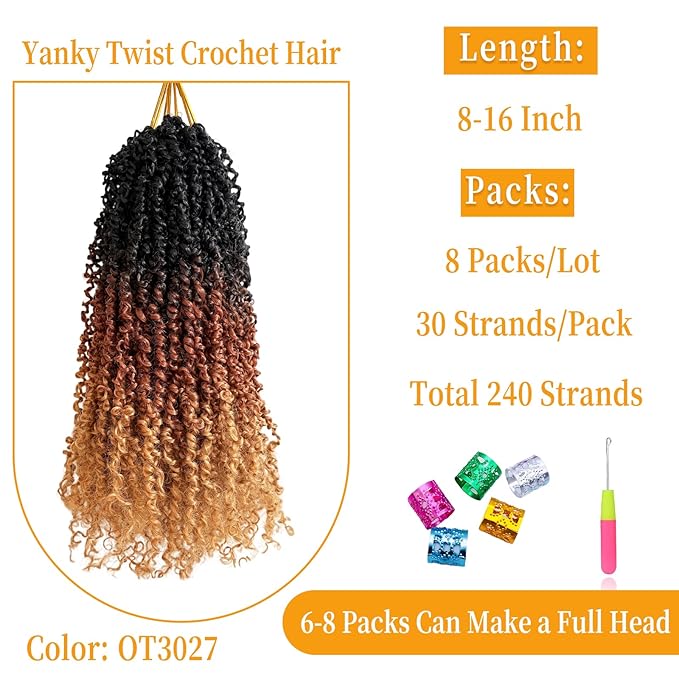 16 Inch Pre-Looped Yanky Twist Crochet Hair, 30 Strands/Pc, Mini Passion Twists, Senegalese Braiding Hair (OT30/27, 8 Pcs/Pack)
