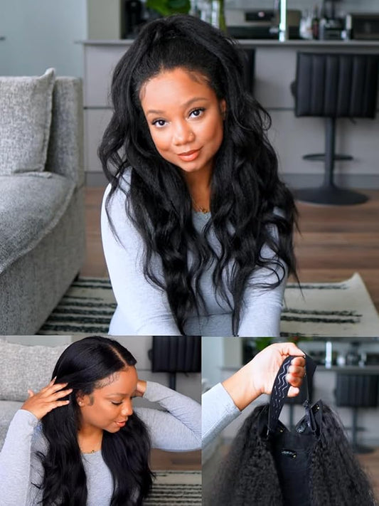 Julia Hair EasiContour V Part Kinky Straight Wigs Human Hair Glueless Yaki Straight Vpart Wig Clip in Half Wigs No Leave Out Real Scalp Upgrade U Part Kinky Wig Beginner Friendly Natural Black 24 Inch