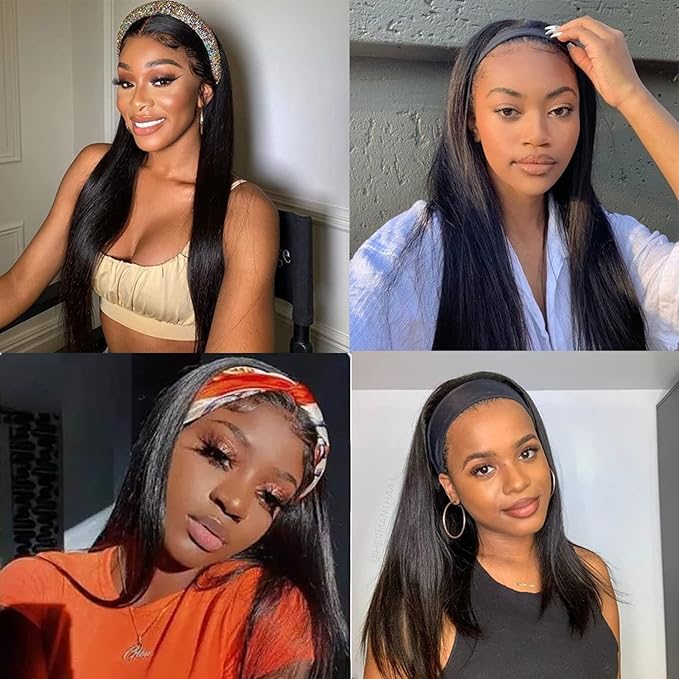 ISEE 10A Headband Wig Straight Human Hair Wigs for Black Women 180% Density Brazilian Virgin Hair Machine Made Headband Wig Non Lace Front Human Hair Wigs 16 inch