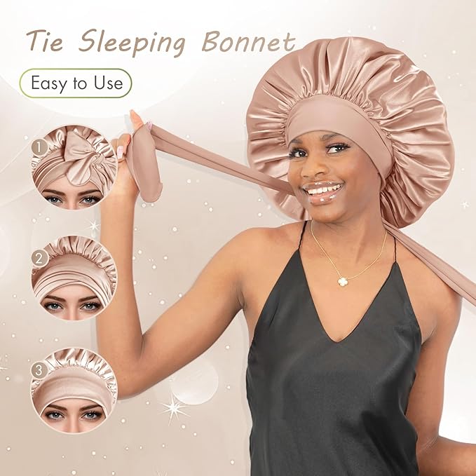 BONNET QUEEN Silk Bonnet for Sleeping Women, Satin Bonnet Night Sleep Cap Wrap for Curly Hair with Tie Band, Large, Champagne