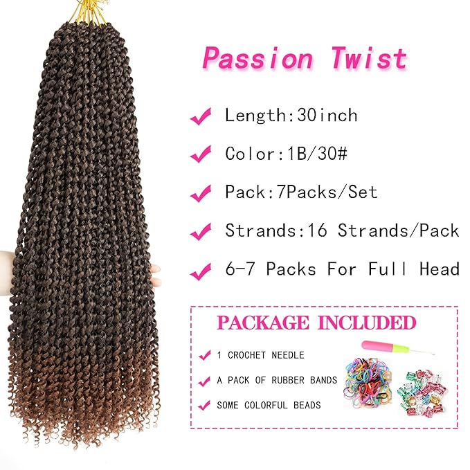 Ubeleco 30 Inch Passion Twist Hair, Water Wave Crochet Hair Ombre Brown Passion Twist Crochet Hair for Women Long Bohemian Passion Twists Curly Braiding Hair Extensions (30in (Pack of 7),1B/30)