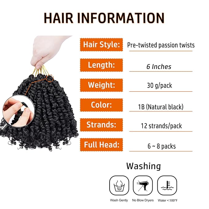 Short Passion Twist Hair 6 Inch Pre-twisted Passion Twist Crochet Hair for Women Girls Pre-looped Water Wave Crochet Braids Bohemian Curly Braiding Hairs Synthetic Hair Extensions 8 packs 1B