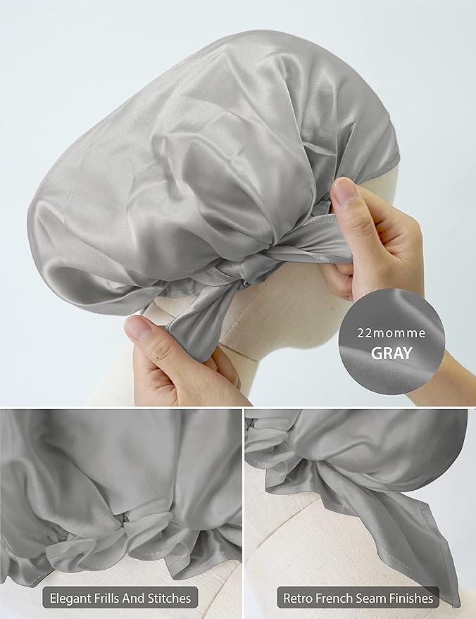 SissiLita 100% Silk Bonnet for Sleeping, Hair Bonnet with Tie Band, Large Silk Sleep Cap for Curly Hair, Silk Hair Wrap for Hair Care