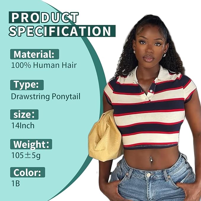 Ponytail Extension Human Hair Curly Ponytail Extension for Black Women Long Afro Puffs Hair Buns Drawstring Ponytail Human Hair (14 Inch #1B Natural Black)