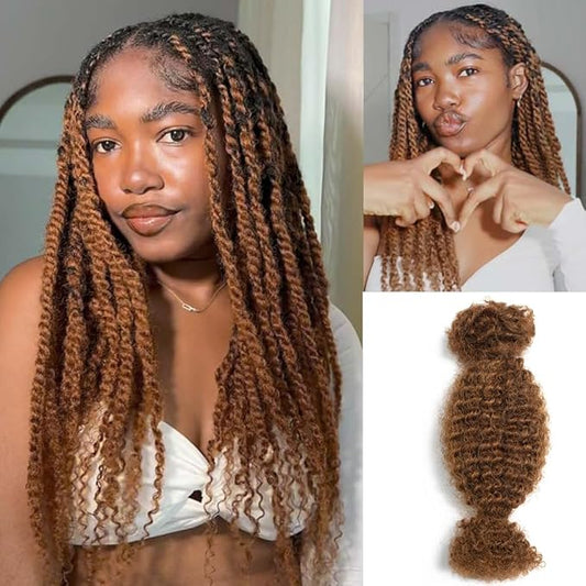 QVR Spring Twist Crochet Human Hair Afro Kinky Curly Braiding Hair Extension, QVR Upgraded Afro Kinkys Bulk Auburn Brown Hair