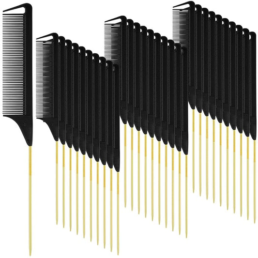 Patelai 30 Pieces Rat Tail Combs Bulk, Hair Teasing Fine Tooth Pintail Combs Braiding Hair Styling Tools with Steel Pin for Stylists Salon Teasing Sectioning Coloring Detangling(Black, Gold)