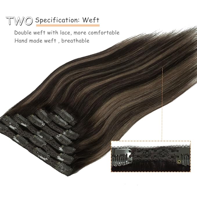 Caliee 20Inch Long Straight Hair Extensions for Women 7PCS Thick Full End R1B-1B/6A Ombre Natural Black Mixed Light Chestnut Brown Clip in Remy Human Hair Extensions 140G