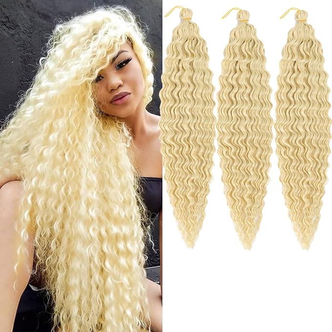 24 inch Ocean Wave Crochet Hair Deep Wave Twist Crochet Hair Extensions Curly Braiding Hair 3 packs(24 inch, Beige)