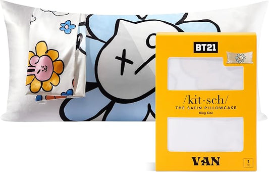 Kitsch x BT21 Satin Pillowcase with Zipper – Better Than Silk Pillowcase, Van Character & Funky Floral Print – Soft Cooling Toddler Bed Time Pillow Case for Hair & Skin – King Size 19x36