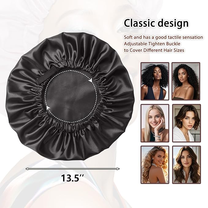 silk bonnet for sleeping women - Adjustable Double Layer Satin Sleep Cap for Curly Natural Hair- Long Hair & Braids - Anti-Frizz, Soft Hair Night Cap (Black)