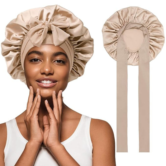 Satin Hair Bonnet with Wide Band Silk Sleeping Bonnets Hair Wrap for Women Girls Night Cap with Tie Band Satin Bonnet (Light Champagne)