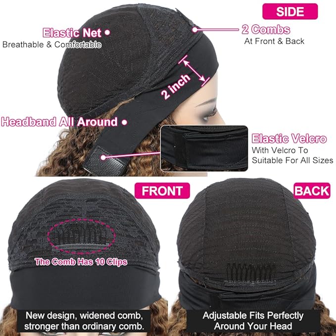 Eooma #4/27 Omber Headband Wig Human Hair 180% Density Curly Wigs for Black Women 10A Brazilian Curly Human Hair Headband Wigs Scarf No Gel Gluelees 22 Inch Remy Hair