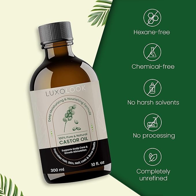 Pure Castor Oil - Cold Pressed 100% Castor Oil for Hair Growth, Skin, Eyebrows, Eye Lashes, Nails & Cuticles - Hexane Free, Natural & Unrefined - Includes Dual Mascara, Dropper & Scalp Massager