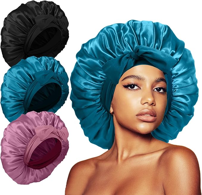 3Pcs Bonnets for Sleeping, Extra Satin Silk Bonnet for Sleeping Women with Tie Band for Curly Hair Jumbo Bonnet Braids