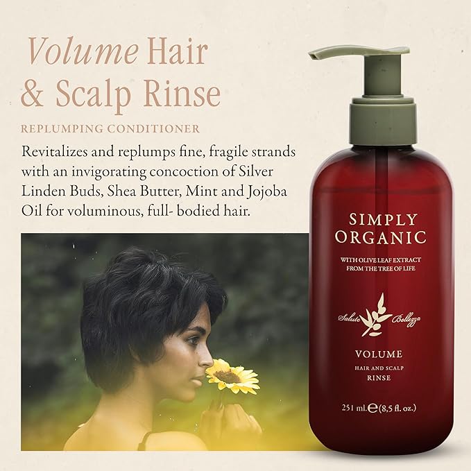 SIMPLY ORGANIC Thinning Hair Volumizing Deep Conditioner Scalp Rinse, Made in Italy, All Natural Cruelty Free Hair Care for Women & Men, Lavender, Mint, Olive Leaf Extract, 251ml/8.5floz, VOLUME
