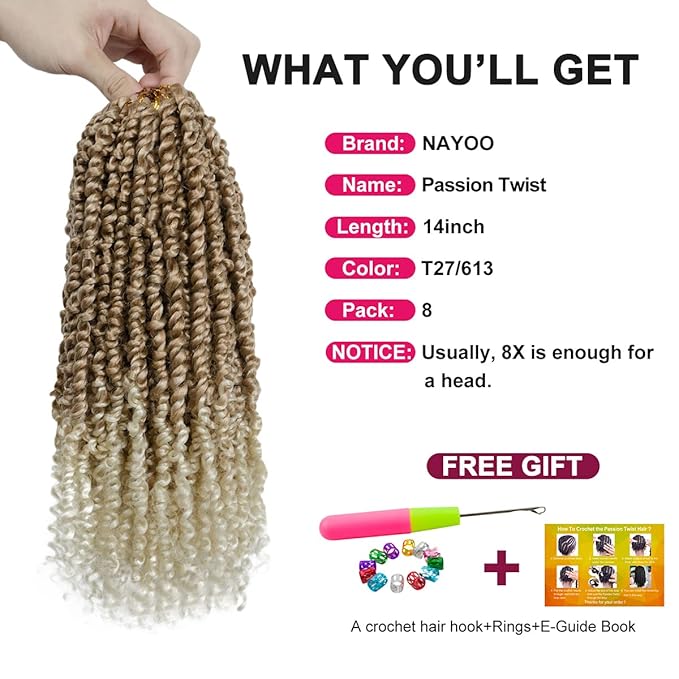 Passion Twist Hair - 8X 14 Inch Passion Twist Crochet Hair For Women, Crochet Pretwisted Curly Hair Passion Twists Synthetic Braiding Hair Extensions (14 Inch, T27/613)