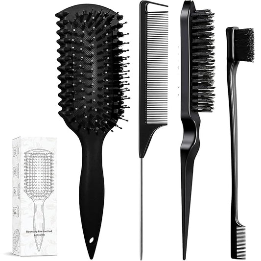 Curl Defining Brush, Curly Hair Brush Products With 3 Pcs Slick Back Hair Brush Set Bristle Brush Edge Control Teasing Comb for women (Black)